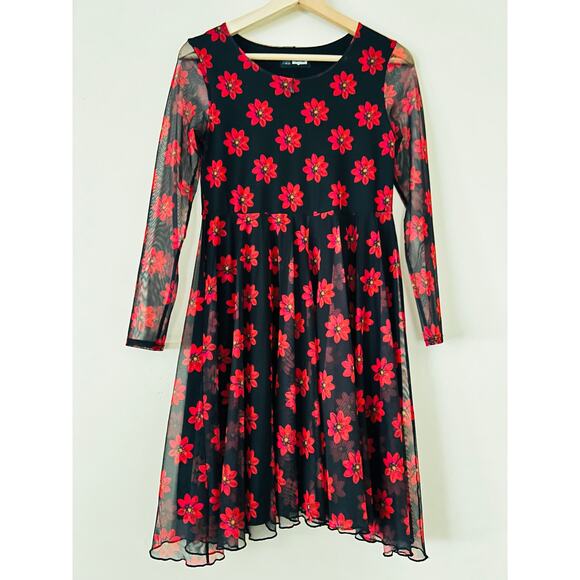 Desigual Girls Dress Size 13/14 Red Daisy Flowers Mesh Black Long Sleeve - Picture 6 of 8
